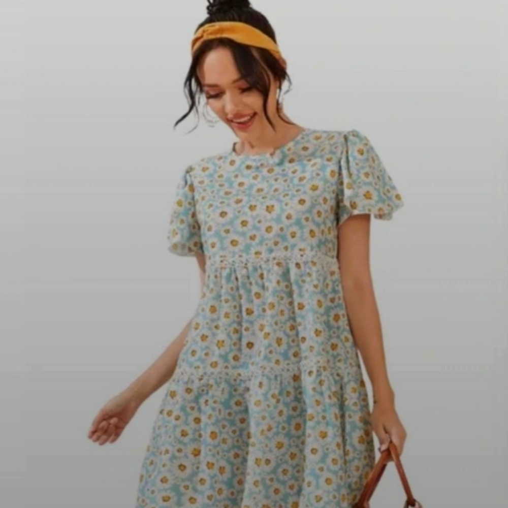 SHEIN Floral Prairie Flounce Dress Daisy Blue